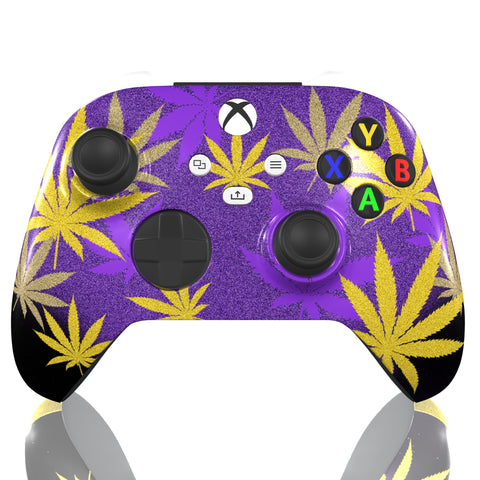 Custom Controller Microsoft Xbox Series X - Xbox One S - Purple Kush Camo 420 Cannabis Leaf Gold