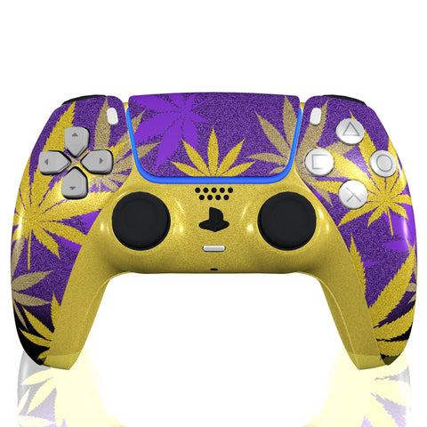 Custom Controller Sony Playstation 5 PS5 - Purple Kush Camo 420 Cannabis Leaf Gold