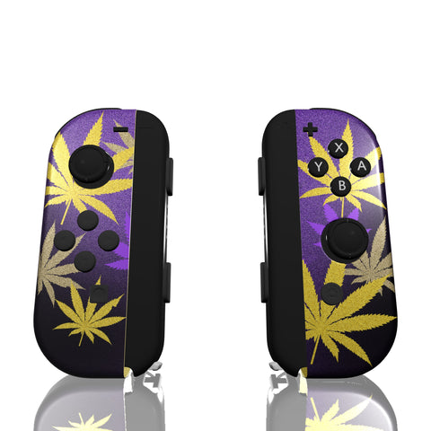Custom Controller Nintendo Switch Joycons - Purple Kush Camo 420 Cannabis Leaf Gold