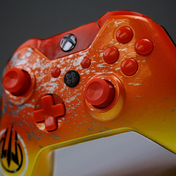 Custom Controller Microsoft Xbox 360 - Orange-Yellow Build Your Own Silver Splatter Black Trident Graphic Tag