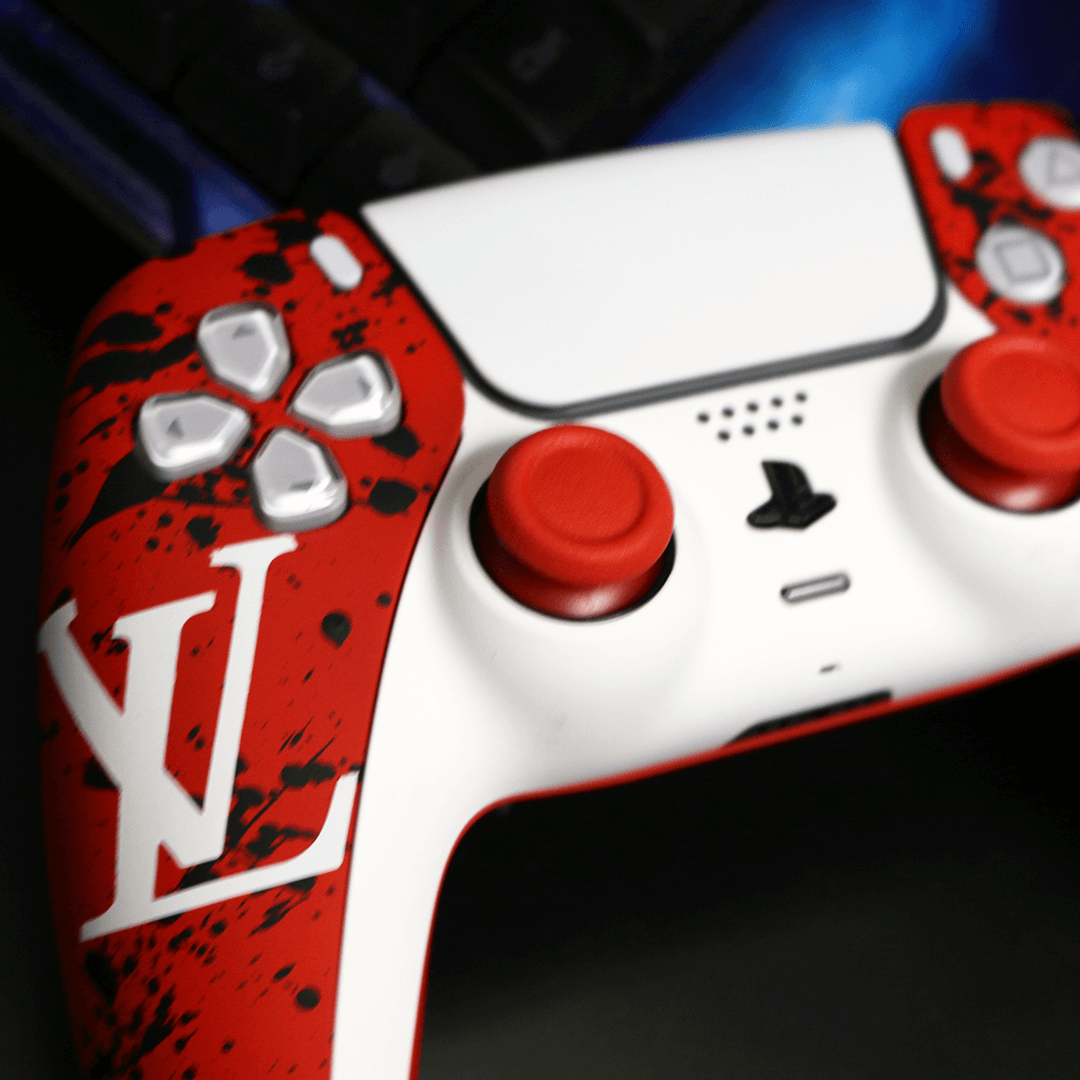 Custom Controller Sony Playstation 5 PS5 - Crimson Red Build Your Own White Trim Touchpad Gamer Tag Black Splatter