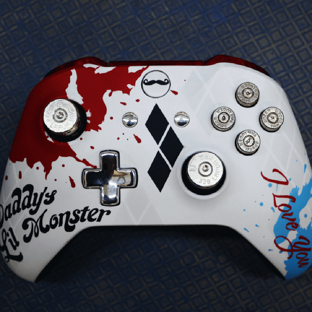 Custom Controller Microsoft Xbox Series X - Xbox One S - Daddy's Lil Monster Harley Quinn Bullet Buttons Silver Gamer Tag