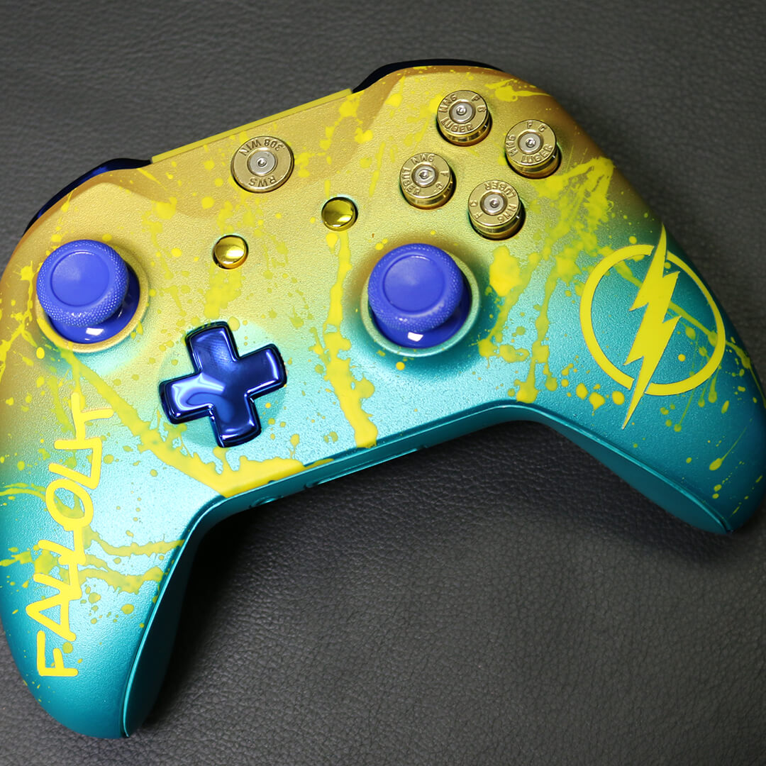 Custom Controller Microsoft Xbox Series X - Xbox One S - Gold-Teal Build Your Own Ombre Fade Blue Buttons Bullet Graphic Tag Lighting Bolt Flash Yellow Splatter Gamer Tag
