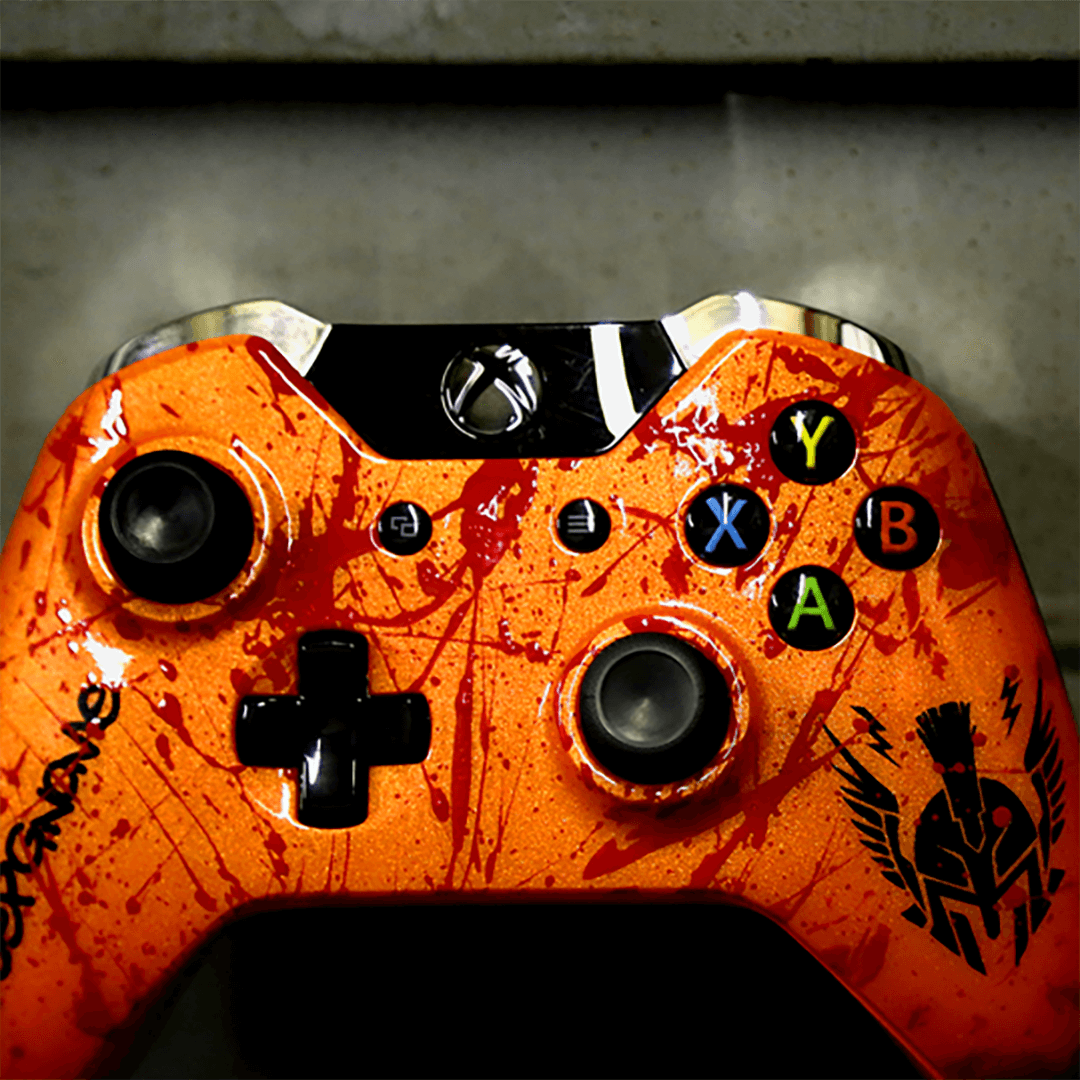 Custom Controller Microsoft Xbox One S - Orange Build Your Own Red Splatter Black Gamer Tag Graphic Spartan